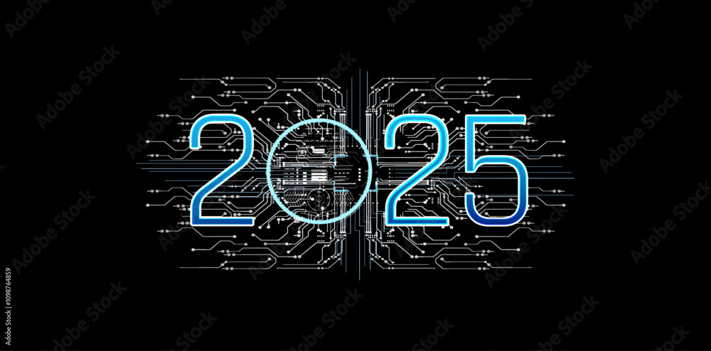 Poster digital representation of the year 2025 featuring circuit patterns and modern technology elements.