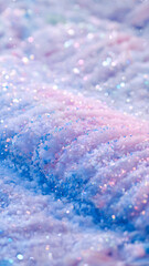 A close-up macro photo of a glittery snow surface with  a shimmering effect. The colors range from soft pastels to vibrant hues, with a predominant blue and pink.