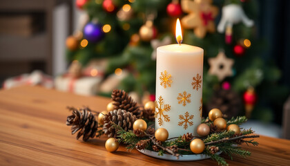 Golden candles illuminate festive Christmas decorations, including red and green ornaments, on a wintery pine branch