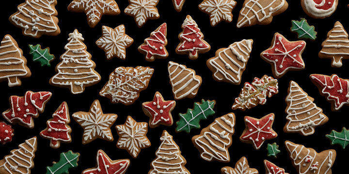 Weihnachtspl&auml;tzchen mit roten und wei&szlig;en Zuckerglasuren, dekoriert mit festlichen Motiven