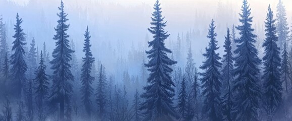 Fototapeta premium Forest of evergreen conifers in fog. Winter forest background. Pine, spruce, christmas tree silhouette.