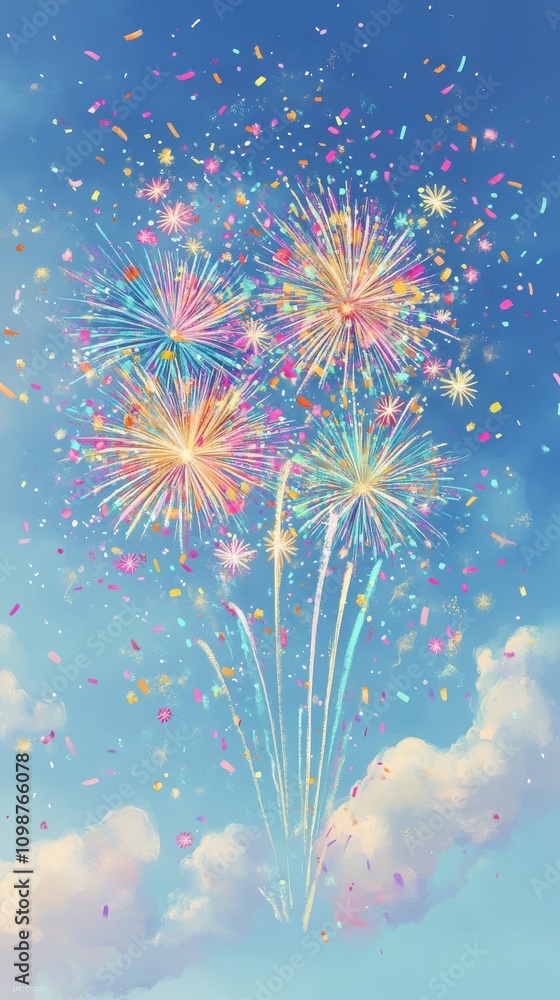 Aufkleber a vibrant display of colorful fireworks illuminating the sky, creating a joyful and festive atmosphe