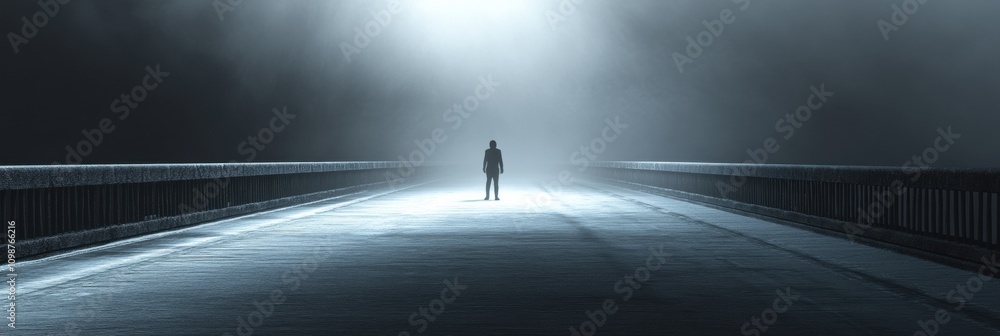 Aufkleber A lone figure stands at the center of a long, empty bridge enveloped in fog as soft light breaks through, evoking feelings of solitude. Generative AI