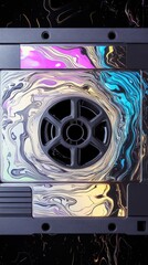 A vibrant, abstract design featuring a retro cassette tape with colorful swirling patterns on a dark background.