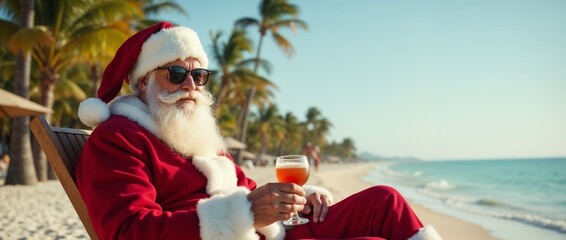 Obraz premium Santa Claus enjoys a tropical vacation, lounging on a sun chair by the beach, wearing sunglasses, and holding a refreshing drink. A perfect blend of Christmas spirit and summer vibes.