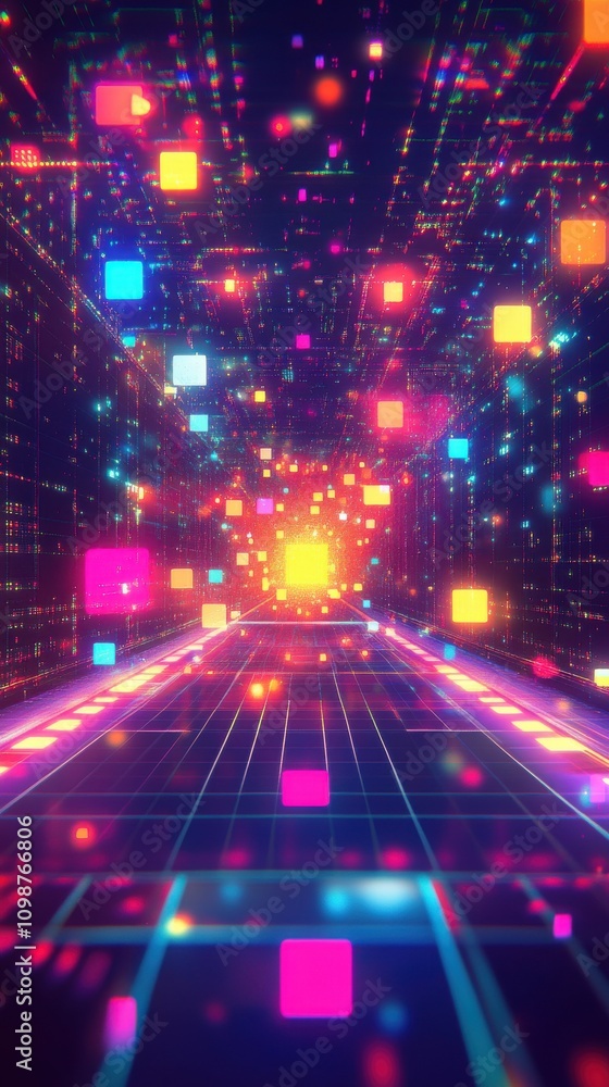 Poster a vibrant tunnel of light and color, featuring glowing cubes and a dynamic grid pattern, evoking a f