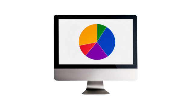 Colorful pie chart displayed on modern computer monitor on transparent background