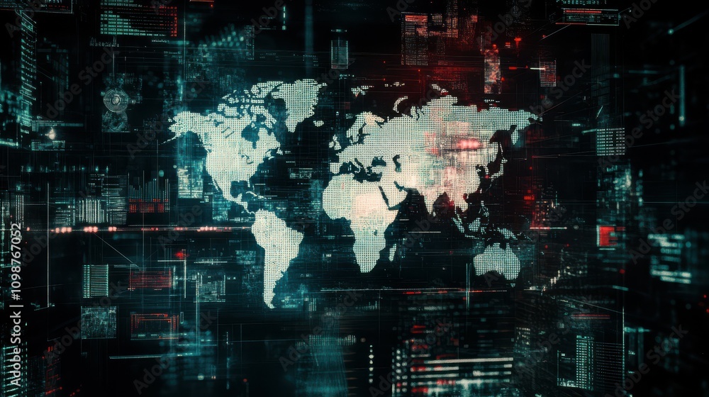 Aufkleber in the center of the composition is a world map, surrounded by abstract global data stats on a dark 
