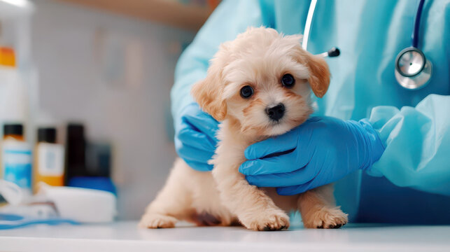 Adorable puppy at veterinary clinic visit. Veterinary day celebration. Veterinarian doctor examine a little dog in his office. Horizontal banner. Copy space. World Animal Day
