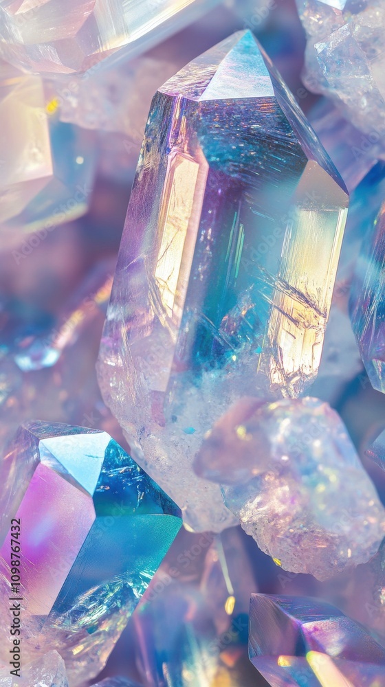 Poster an array of iridescent crystals displaying a stunning spectrum of colors and sharp facets.