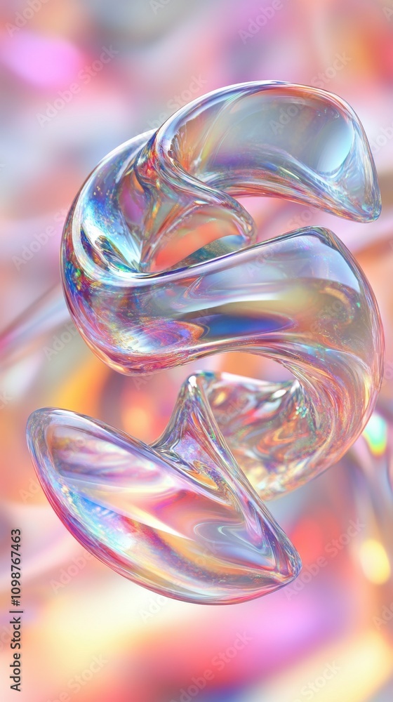 Poster an abstract swirl of iridescent glass, capturing vibrant light in a mesmerizing display of colors an