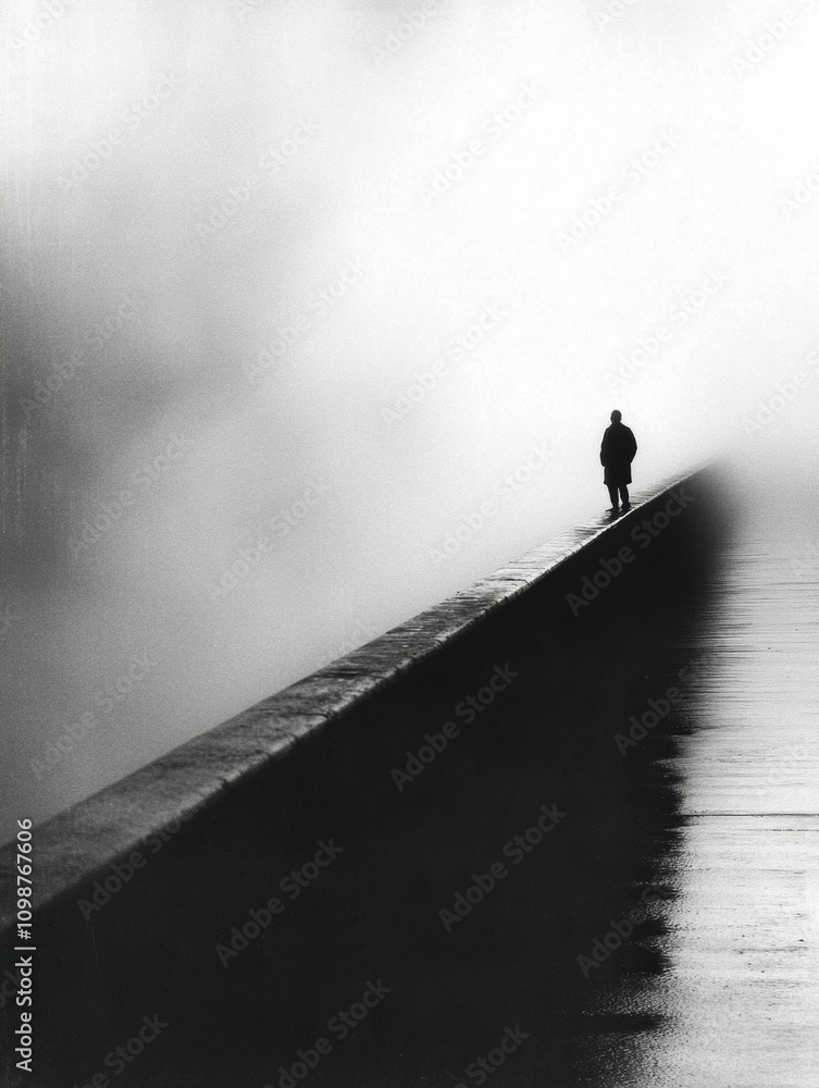 Aufkleber a figure walks alone on a long bridge, surrounded by thick fog, evoking a sense of solitude and refl