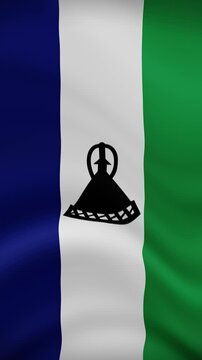 Lesotho Waving Flag in Vertical Orientation. Realistic Flag Animation. Seamless Loop Background.	