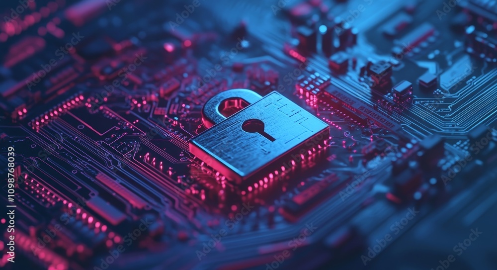 Poster cyber security. the digital padlock icon represents the safeguarding of virtual environments. within