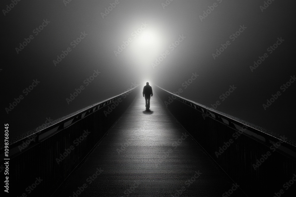 Aufkleber a lone person walks down a long, deserted bridge, heading toward a glaring light emerging from deep 