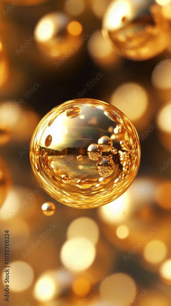 Poster a close-up of gleaming golden spheres floating amidst a shimmering background, creating a luxurious 
