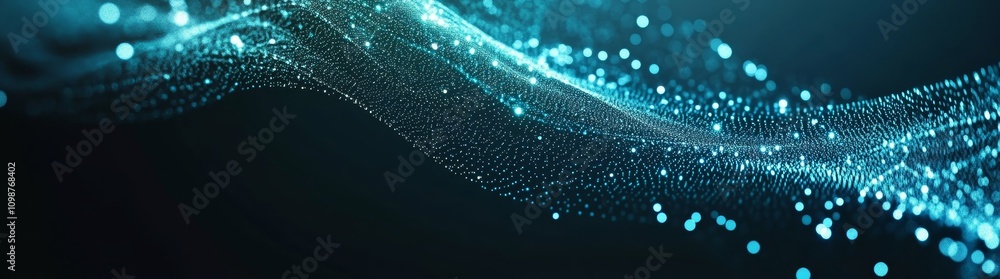 Poster a dynamic digital 3d wave against a futuristic dark backdrop adorned with shimmering blue particles,