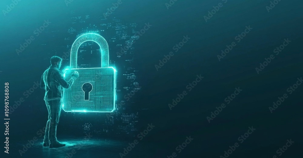 Poster protecting cybersecurity and data integrity, securing the businessman's internet-connected laptop, d