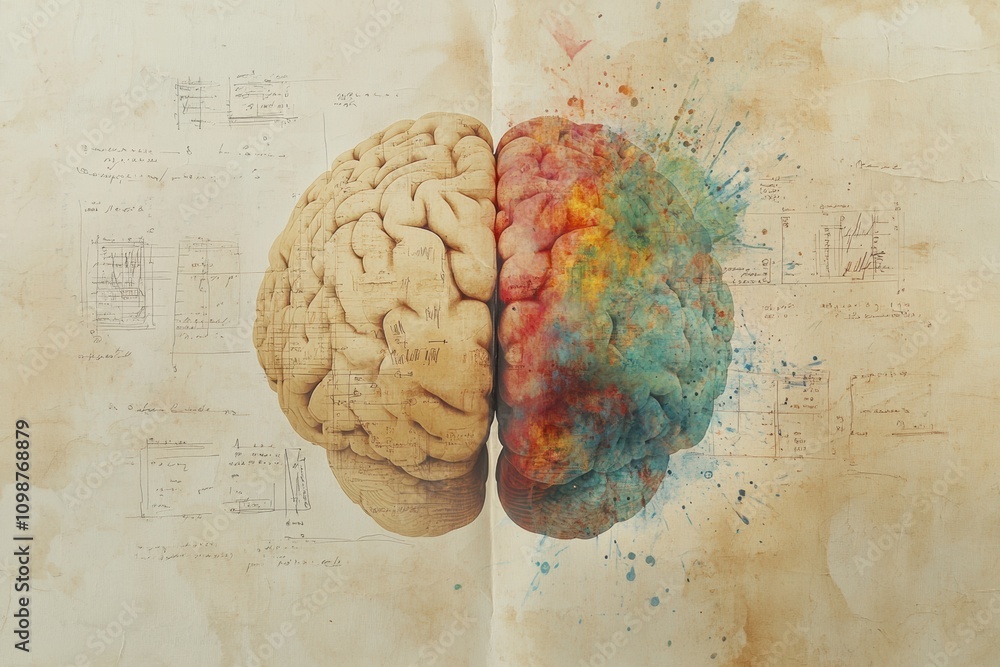 Poster a detailed view of a human brain illustrating cognitive and creative regions, surrounded by artistic