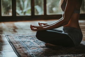 Meditation and relax. A girl in lotus pose sits sideways on a mat on a wooden floor in front of a large window with a litany of trees behind her, meditation and mindfulness 