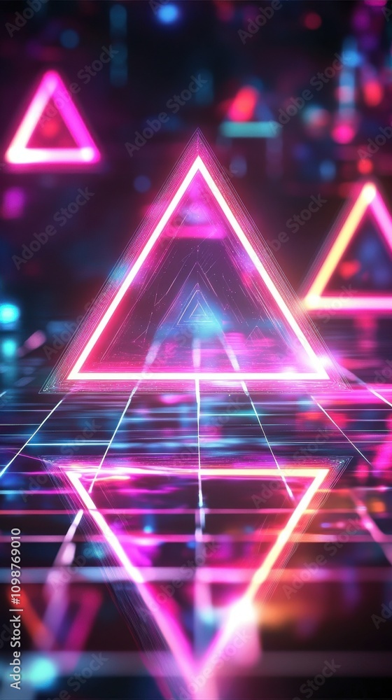 Poster vibrant neon triangular shapes reflecting on a glossy surface, creating a futuristic atmosphere.