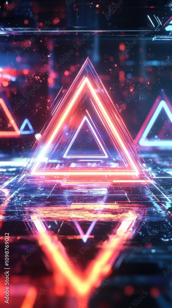 Poster vibrant neon triangular shapes in a reflective digital space create a futuristic aesthetic.