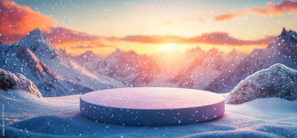 Poster modern product display on an empty stone pedestal on a winter background. mockup template with minim