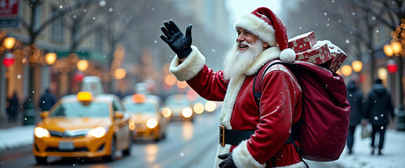 Santa Claus, dressed in traditional red suit, waves cheerfully on a bustling city street during...