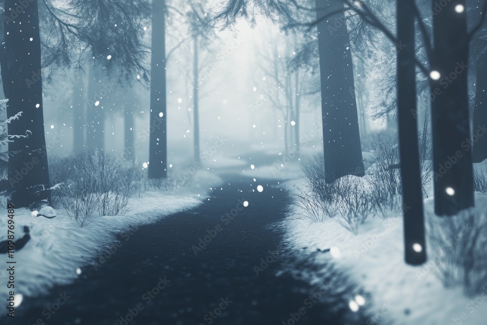 Poster the background is a beautiful white winter background featuring a path between snow-covered fir tree