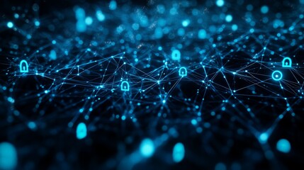 A futuristic technological landscape featuring a digital data network with glowing locks to illustrate cyber security and data protection.