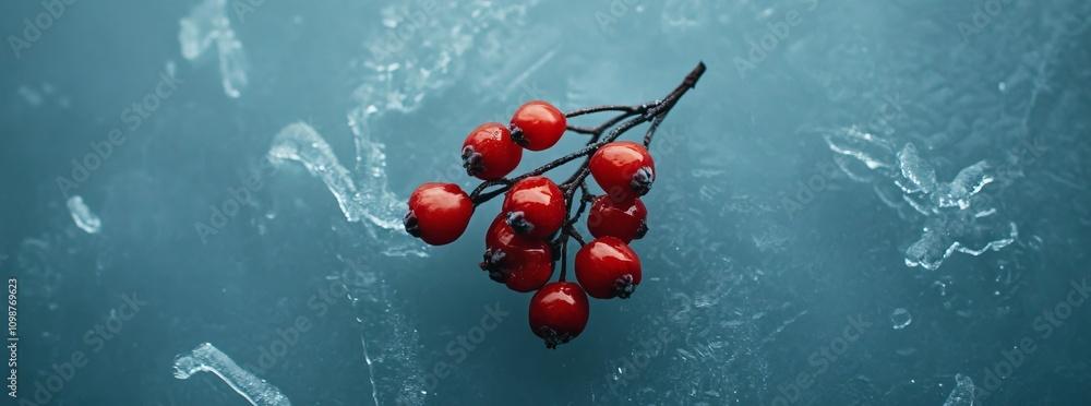 Aufkleber frost-covered branches with red berries frame a snow-covered board frame. copy space.