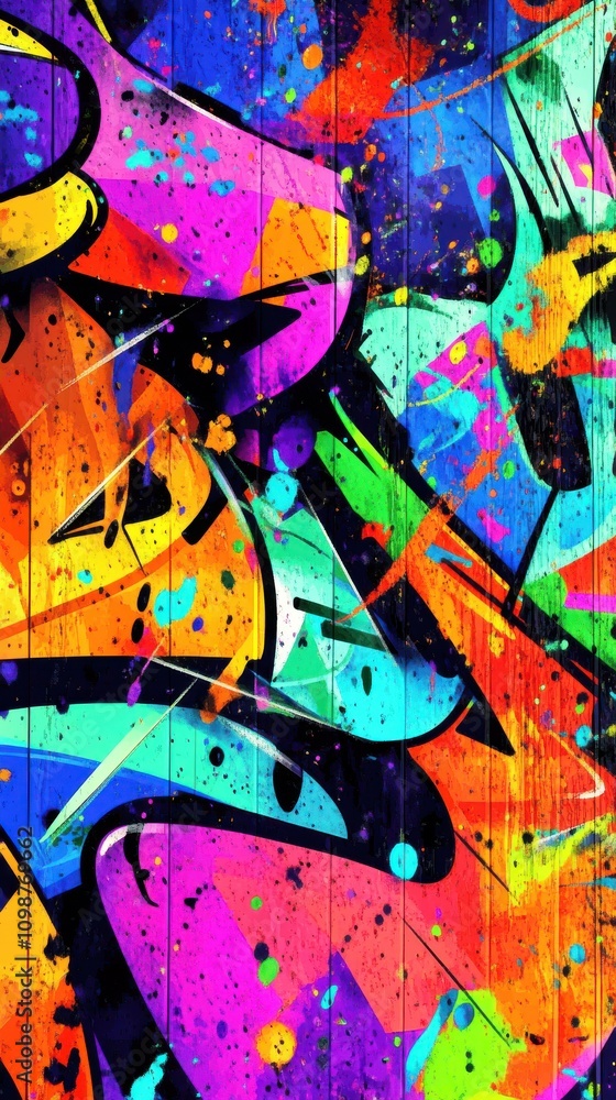 Poster vibrant abstract graffiti art bursting with colors and dynamic shapes, creating a lively and energet