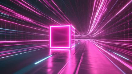 Fototapeta premium Floating cube with abstract highway patch, neon pink speed light trail,