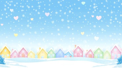 Christmas background with houses, Christmas trees, snowmen. Cozy town with lettering Merry Christmas in a flat style.