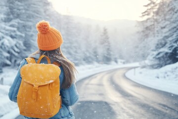 The back of a female tourist hiking in the mountains during the winter