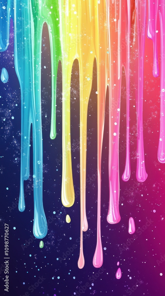 Poster vibrant cascading paint drips in a rainbow spectrum, creating a colorful and dynamic backdrop.