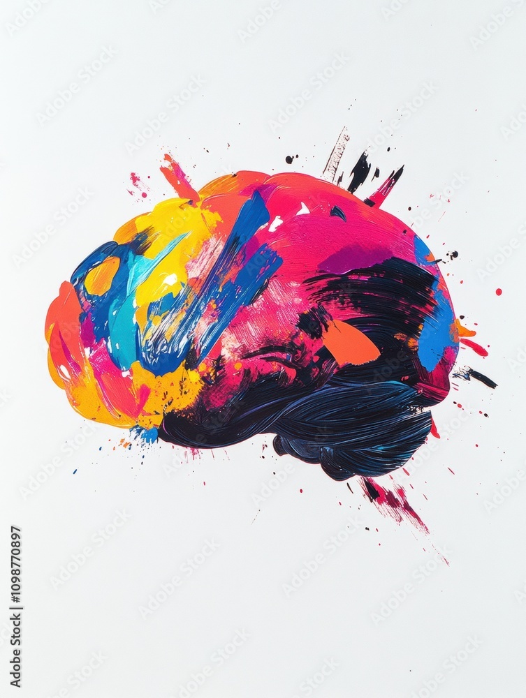 Aufkleber an artistic brain is splattered with bright colors and paint strokes, showcasing creativity and expr