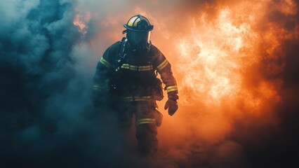 Firefighter in action amid dense smoke and flames
