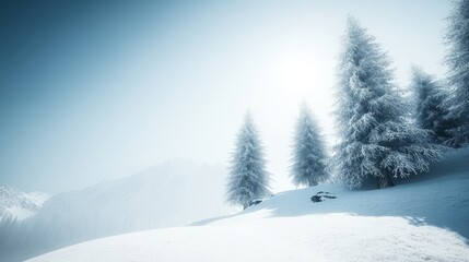 Fototapeta premium This serene scene depicts a majestic snow-covered mountain peak surrounded by frozen trees bathed in the warmth of the winter sun.