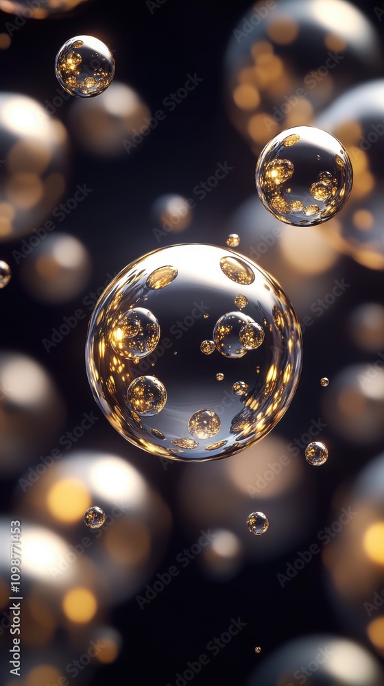 Poster close-up of shimmering bubbles floating gracefully in a dark background, creating a mesmerizing visu