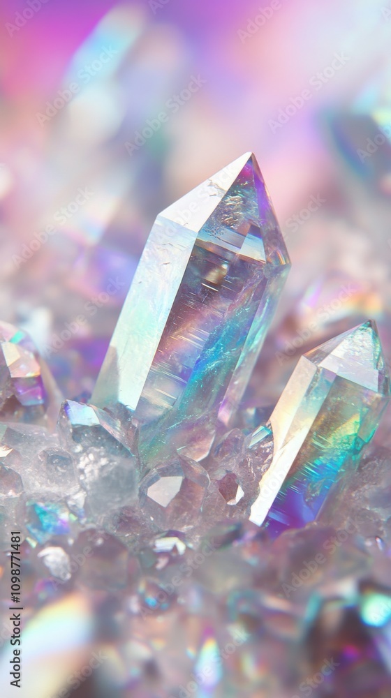 Poster close-up of vibrant, shimmering crystal formations reflecting an array of colors.