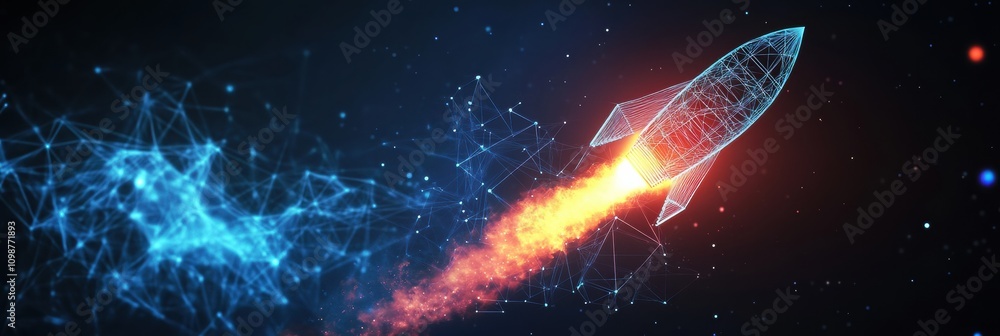 Leinwandbilder a dynamic rocket launches into space, represented in a polygonal wireframe design, highlighting inno