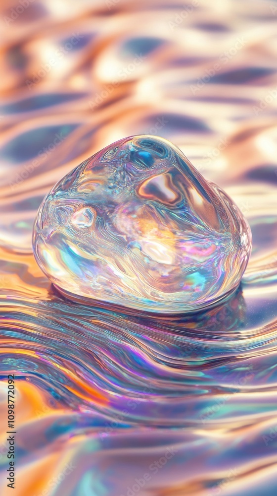 Poster a translucent, colorful bubble sits elegantly on a shimmering surface, reflecting light in a mesmeri