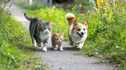 Obraz premium fluffy friends cat and corgi dog walk along the green grass on the summer path