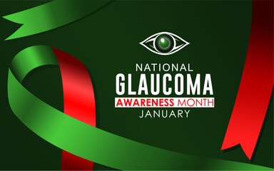 National Glaucoma Awareness Month vector template. January is National Glaucoma Awareness Month vector. Human eye with wavy green and red awareness ribbon vector. banner, card, social media posts
