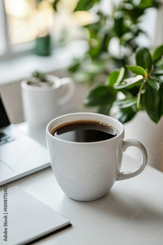 Poster a steaming cup of black coffee sits on a table next to notebooks and greenery, creating a serene atm