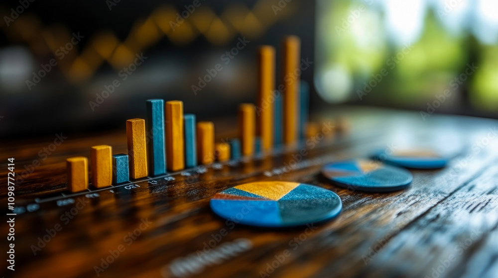 Poster brightly colored bars and pie charts display data trends on a rustic wooden table, highlighting the 