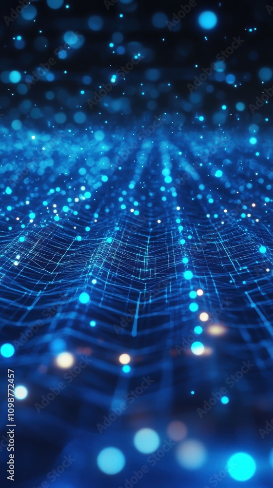 Poster abstract digital landscape featuring dynamic blue particles and glowing lines, creating a futuristic