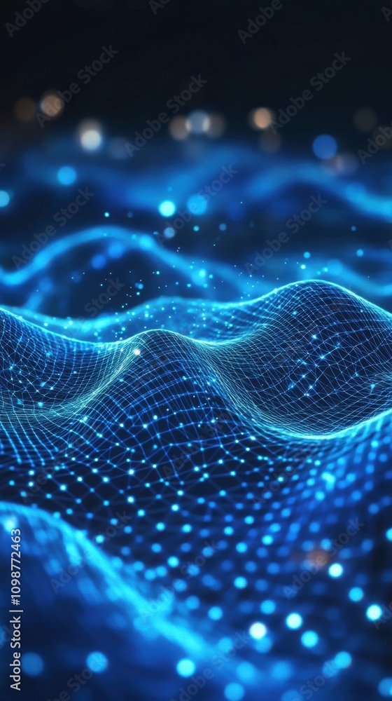 Poster a mesmerizing wave of blue digital light with glowing particles, creating a sense of depth and motio