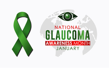 National Glaucoma Awareness Month vector template. January is National Glaucoma Awareness Month vector. Human eye with wavy green awareness ribbon vector. Background, banner, card, poster design.